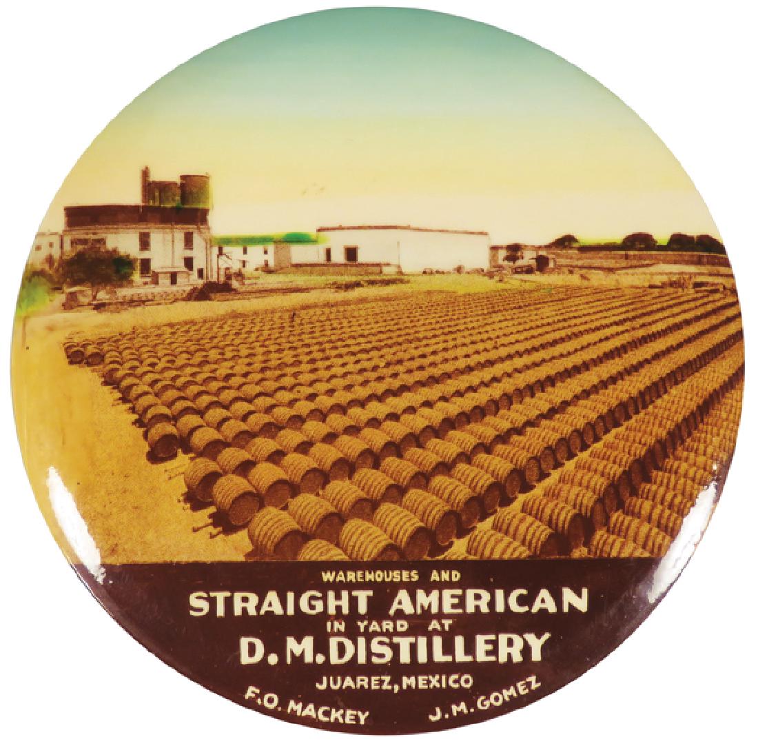 D.M. Distillery Juarez, Mexico Advertising Mirror: D.M. Distillery Juarez, Mexico Celluloid Advertising Mirror Paperweight. Depicting warehouse and Straight American in yard. Mint condition. 3 1/2 inch diameter.