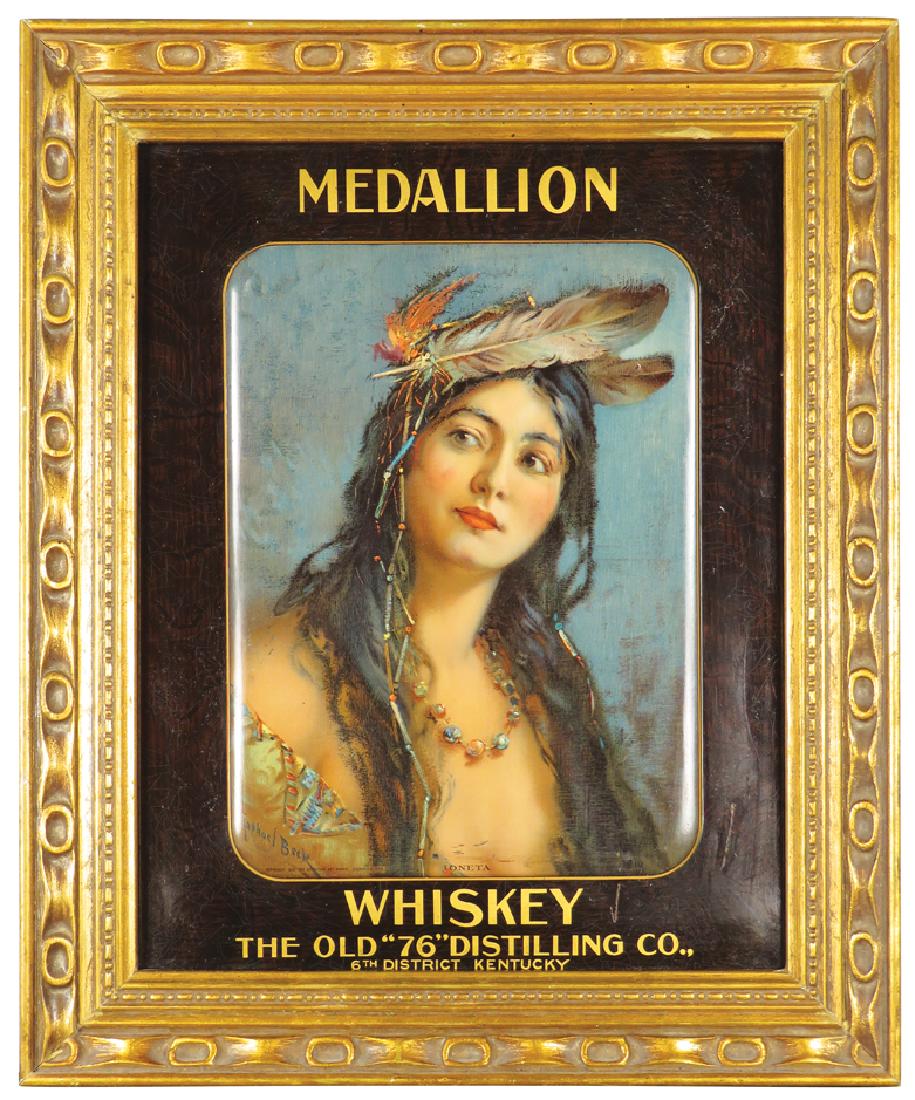 Medallion Whiskey Self Framed Tin Sign: Medallion Whiskey Self Framed Tin Sign, 1910. The Old "76" Distilling Co., 6th District Kentucky. Beautiful Indian maiden "Ioneta" image by Raphael Beck. Some minor rubs and light scratches otherwise 