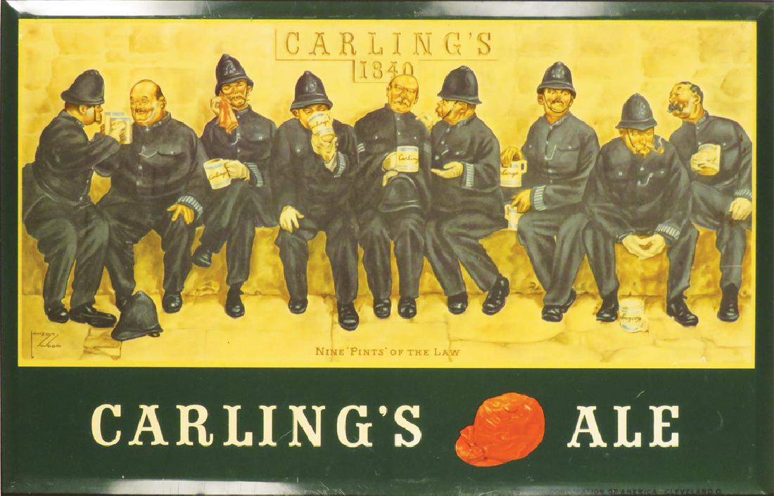 Carling's Ale Beveled Tin Over Cardboard Sign: Carling's Ale Beveled Tin Over Cardboard Sign. Excellent condition. Framed under glass. 18 1/2 X 12 inches.