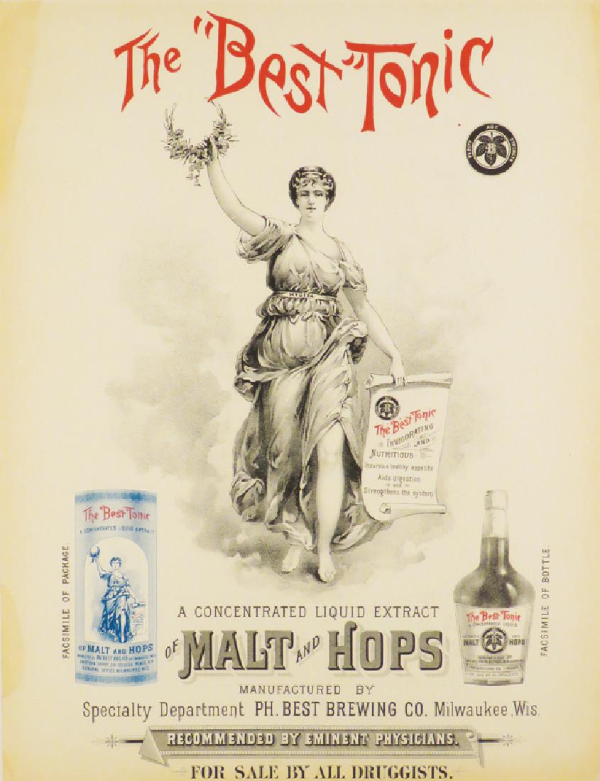 Best Tonic Malt and Hops Paper Advertisement: Best Tonic Malt and Hops Paper Advertisement. Phillip Best Brewing Co. Excellent graphics with factory scene on reverse side. Very slight age darkening otherwise excellent condition. Framed under glas