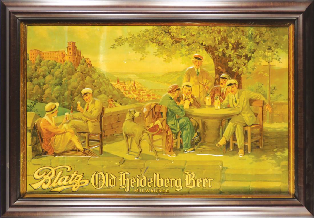 Rare Blatz Old Heidelberg Beer Embossed Tin Sign: Extremely Rare Blatz Old Heidelberg Beer Embossed Self Framed Tin Sign. Scratches, rubs and light discoloration, this sign displays beautifully. Framed under glass. 35 X 22 1/2 inches image only.