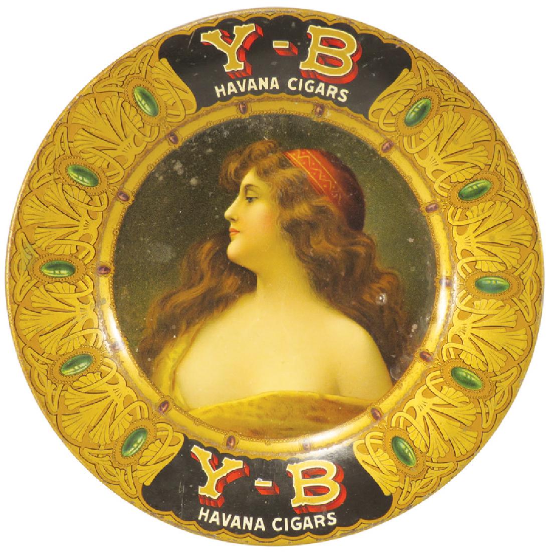 Y-B Havana Cigars Topless Vienna Art Plate: Y-B Havana Cigars Topless Vienna Art Advertising Plate. No. 102-Una Gitana produced by Chas. W Shonk Co. Chicago. Very good condition. 10 inch diameter.