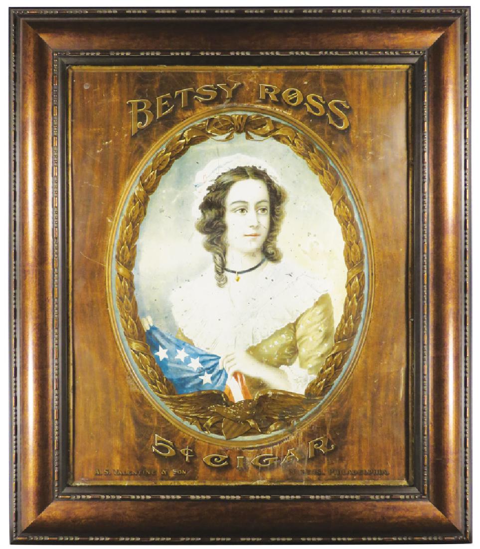 Betsy Ross Cigar Tin Sign: Betsy Ross Cigar Self Framed Tin Sign. Scratches throughout. Fair to Good condition. 20 1/4 X 24 1/4 inches.