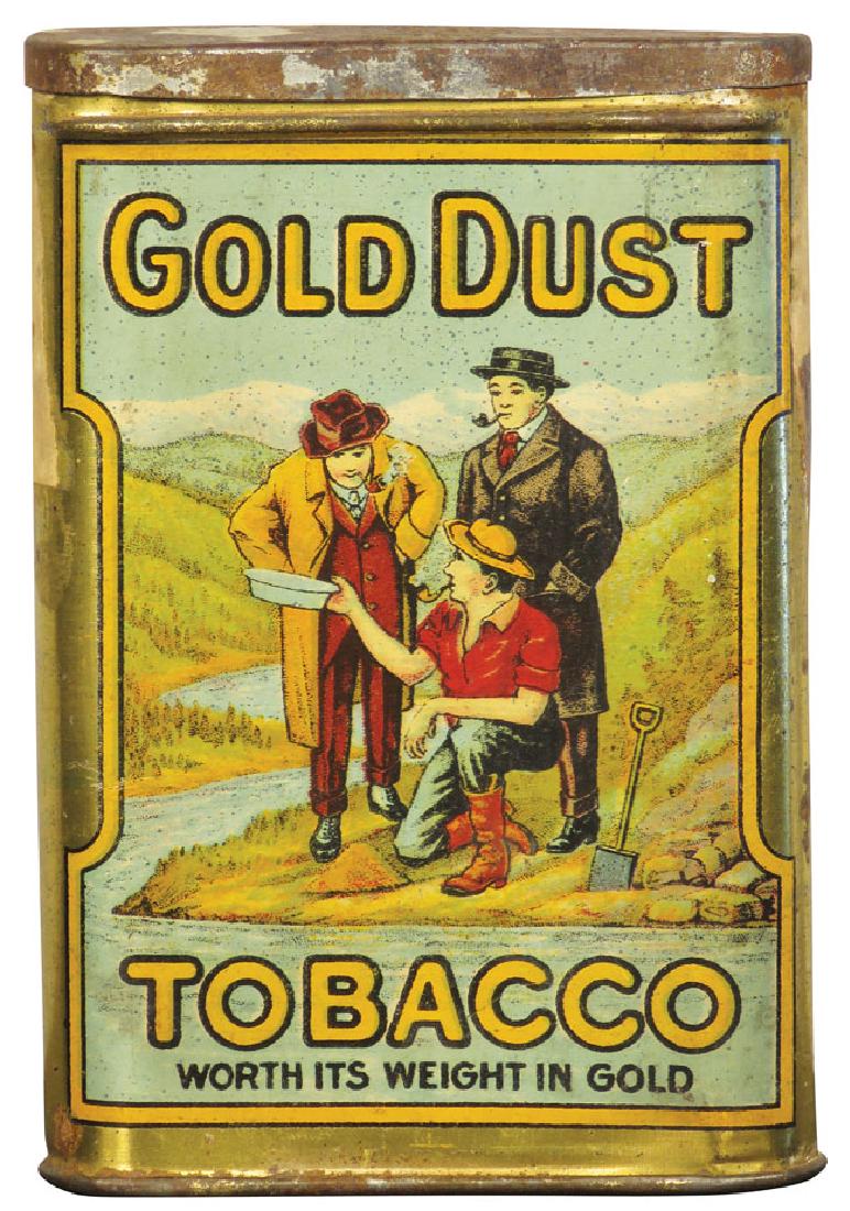 Very Rare Gold Dust Tobacco Pocket Tin: Very Rare Gold Dust Tobacco Pocket Tin. Excellent color and graphics. Wear to paint on lid otherwise overall good condition. 3 X 4 1/2 X 1 inches.