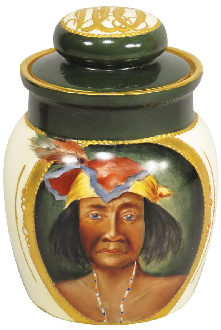 J.P. L. France Porcelain Hand Painted Humidor: Jean Pouyat Limoges France Porcelain Hand Painted Humidor. Native Indian motif. Marked 1-1907. Personalized lid with high relief bead painted trim. No chips or cracks. 4 inch diameter X 7 inches tall.