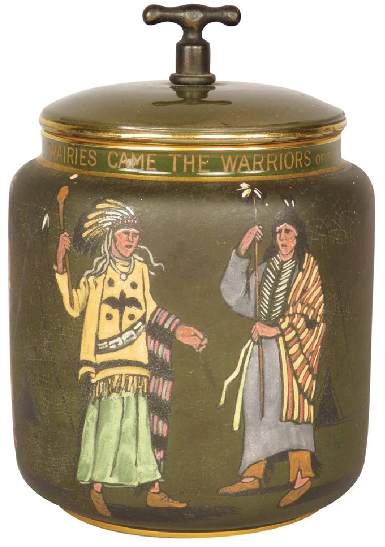Hand Painted Porcelain Tobacco Humidor: Hand Painted Porcelain Tobacco Humidor. Native American Indian Motif. Quotes: Down the Rivers oer the Prairie came the Warriors of the Nations, the song of "Hiawatha Longfellow" all around the collar