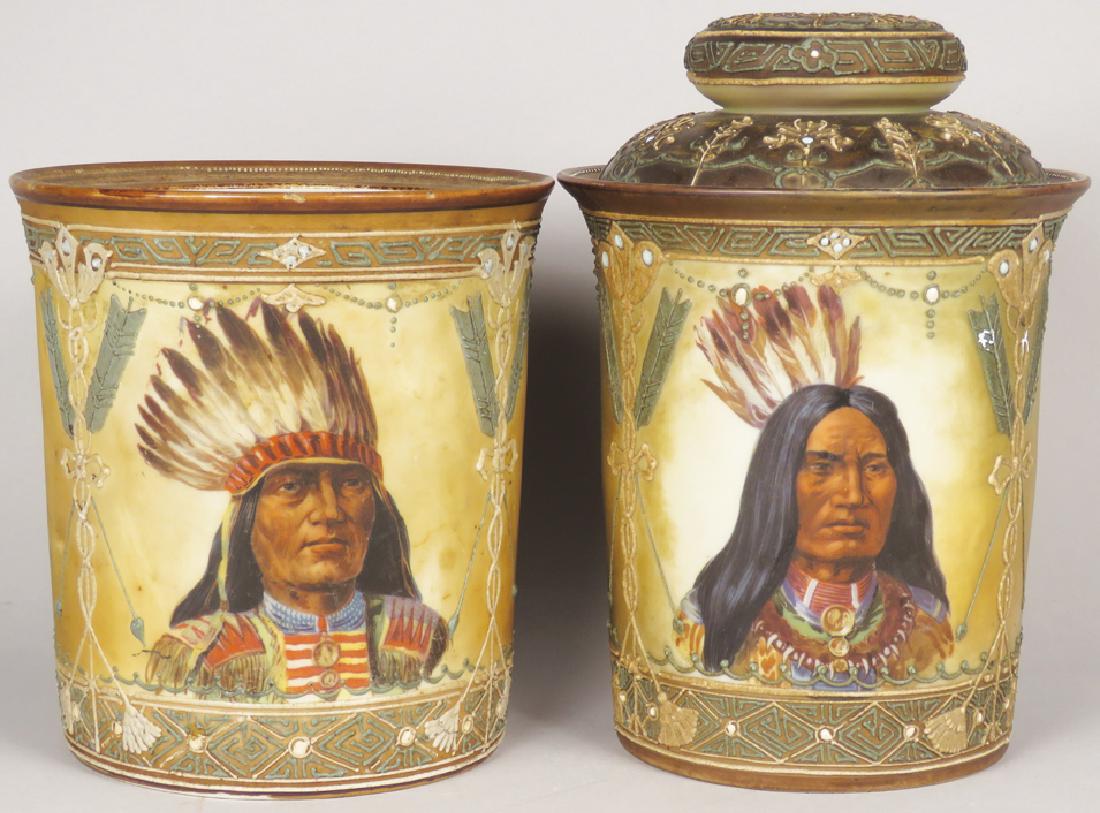 Nippon Hand Painted Porcelain Tobacco Humidors: Two Nippon/Noritake Hand Painted Porcelain Tobacco Humidors with Native American Chief and Brave motif. Small one with lid measures 7 1/2 inches tall X 5 1/4 inch diameter, no chips or cracks. Large o
