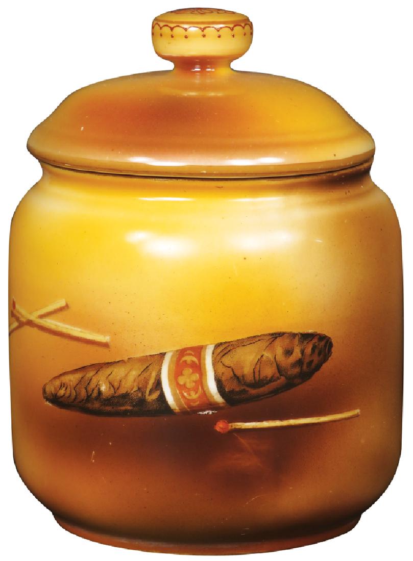 Noritake Hand Painted Porcelain Tobacco Humidor: Noritake Hand Painted Porcelain Tobacco Humidor. Cigar motif. Hallmark on bottom. No chips or cracks.5 1/2 inches tall X 4 1/4 inch diameter.