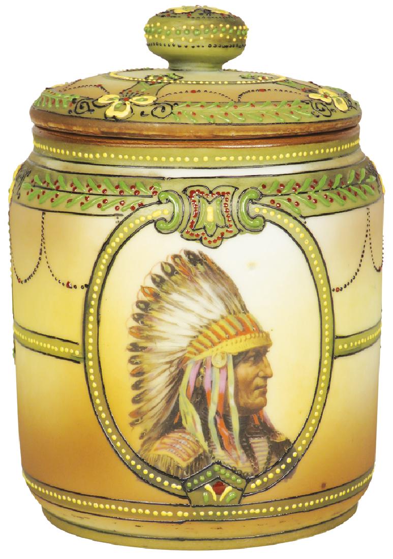 Nippon Hand Painted Porcelain Tobacco Humidor: Nippon Hand Painted Porcelain Tobacco Humidor. Native American Chief motif. No chips or cracks. 5 1/2 inches tall X 3 3/4 inch diameter.