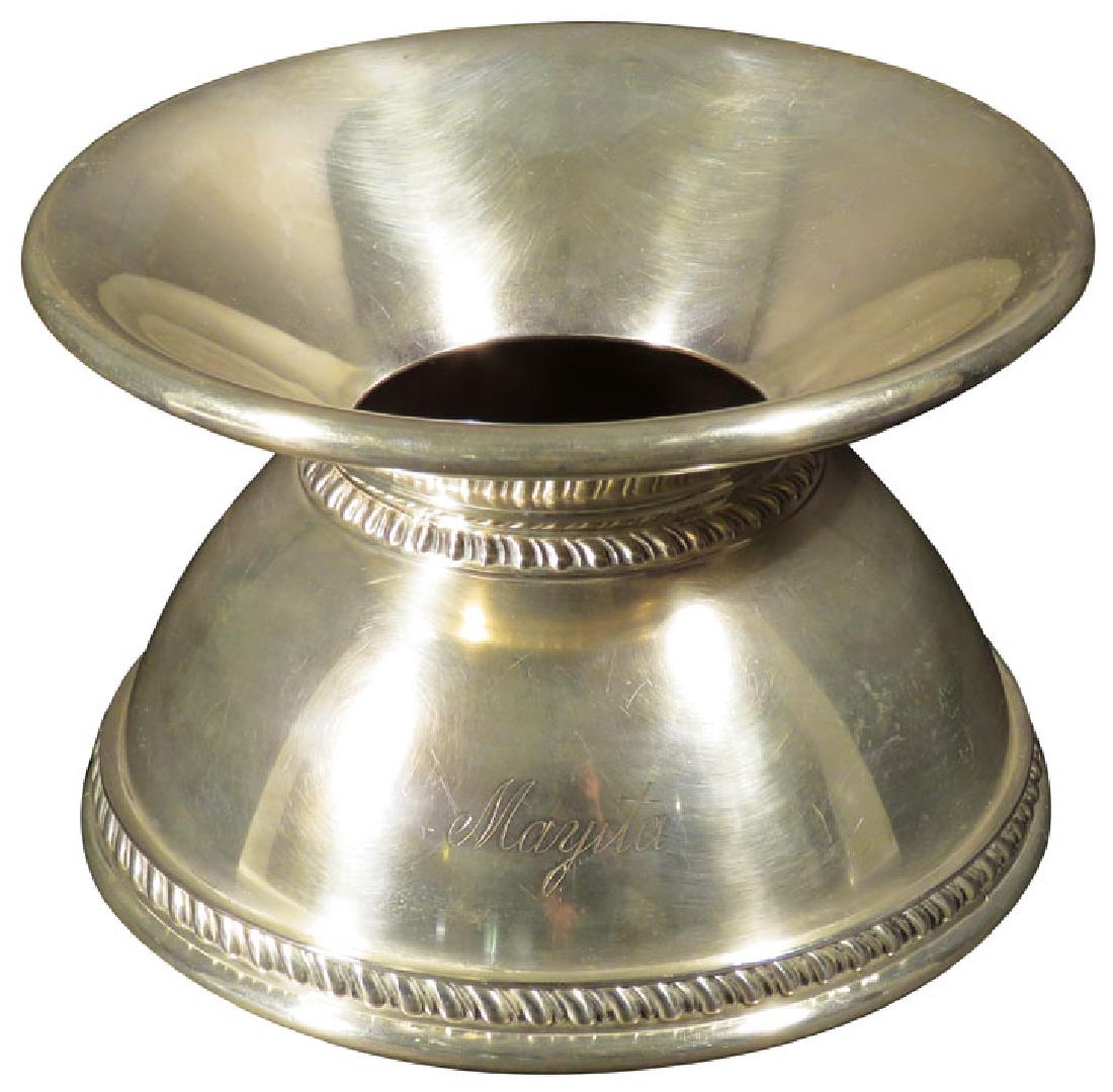 Antique Reed & Barton Silver Soldered Spittoon: Antique Reed & Barton Silver Soldered Spittoon. Hallmark on bottom, 11565S. Rope pattern trim, engraved "Mayita". Excellent original condition. 8 1/2 X 5 1/2 inches.