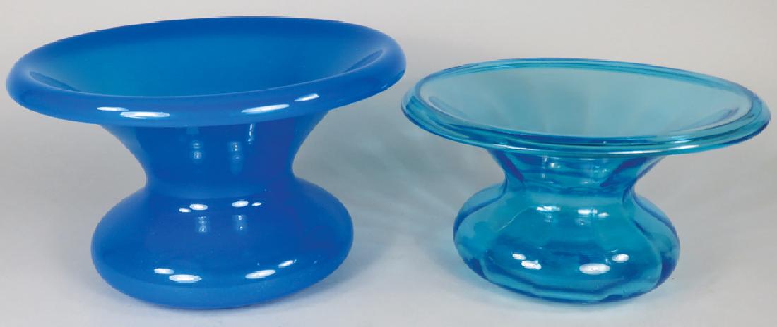 Two Antique Glass Spittoons: Two Antique Glass Spittoons. Aqua glass with unpolished pontil bottom. Unusual translucent blue measures 8 3/4 inch diameter X 5 inches tall. No chips or cracks.
