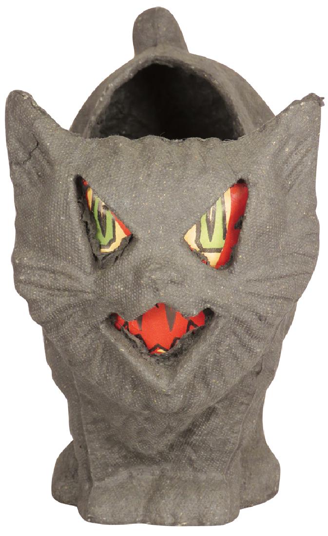 Black Cat Molded Pulp Paper Halloween Lantern: Black Cat Molded Pulp Paper Vintage Halloween Lantern, arched back. Original paper insert, indented molded double ring bottom. 6 inches tall.