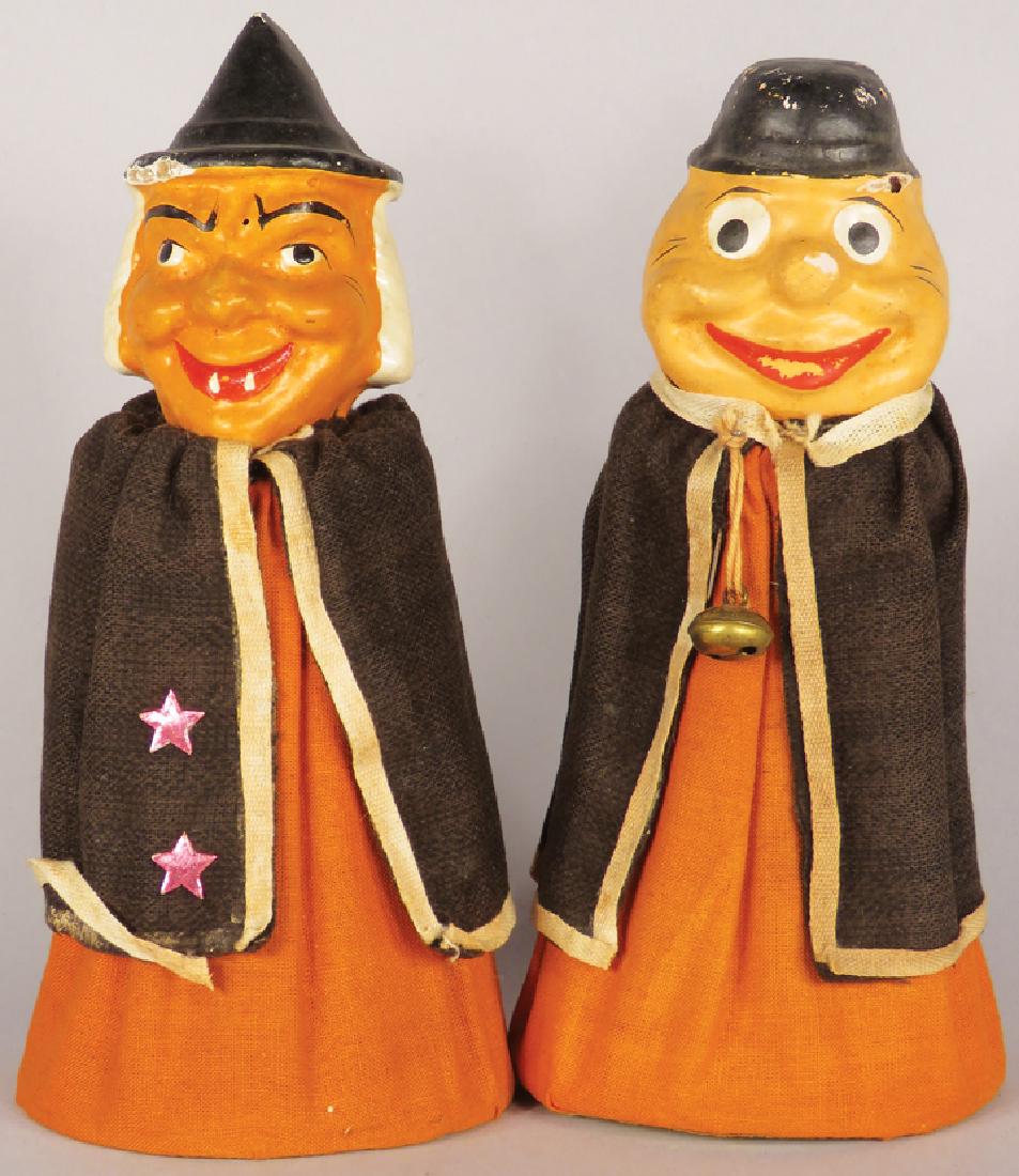 Pair of Vintage Composition Halloween Figures: Pair of Vintage Composition Halloween Figures. Witch and little man with derby, has small hole in hat rim. Good overall condition. 6 3/4 inches tall each.