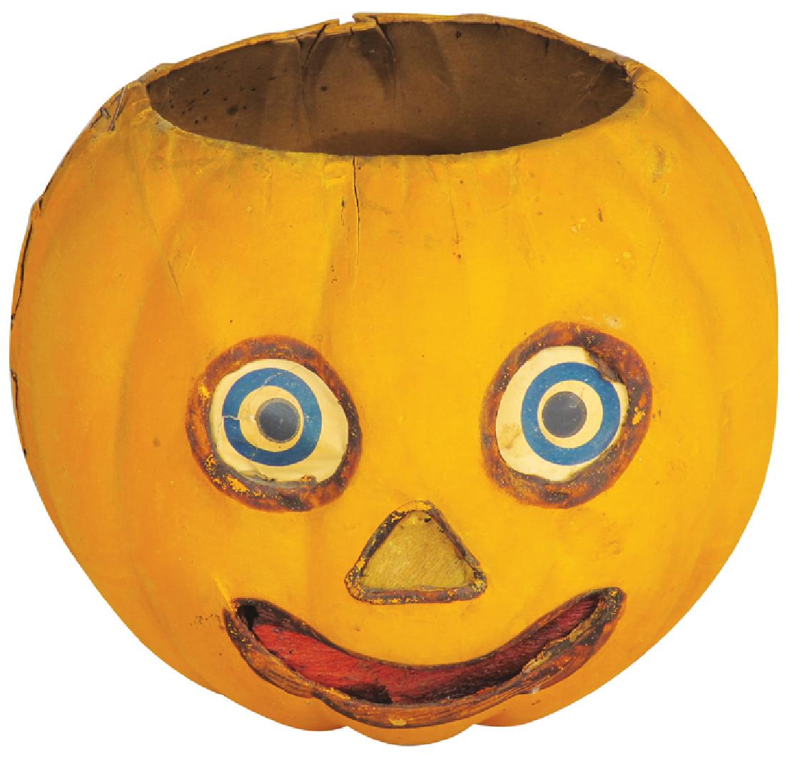 Jack O Lantern German Vintage Halloween Lantern: Jack O Lantern German Vintage Halloween Lantern, cardboard, rare round bottom. Original paper inserts, bale and metal candle holder. Slightly separating at seams. 6 inches tall.
