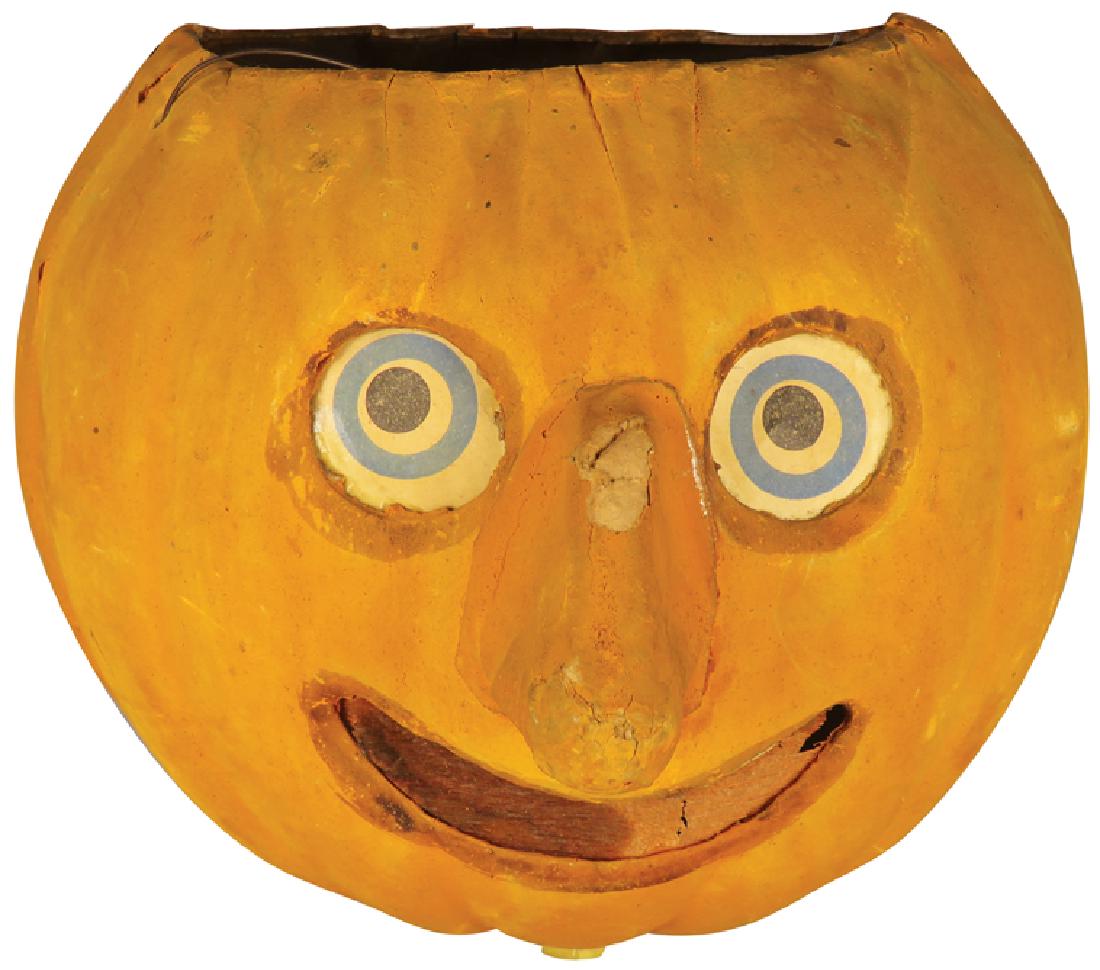 Jack O Lantern German Vintage Halloween Lantern: Jack O Lantern German Vintage Halloween Lantern, cardboard with applied nose and rare round bottom. Original paper inserts, bale and metal candle holder. Small wear on nose and top right lip seam. 6 i