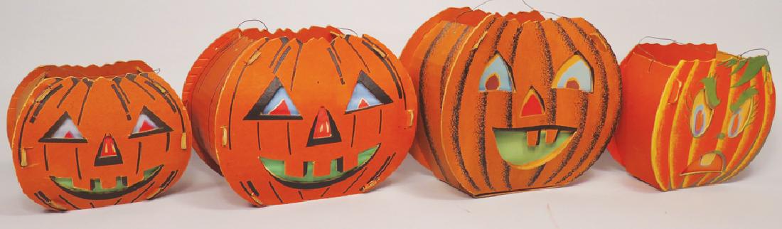 Collection of Vintage Halloween Dual-sided Lanterns: Collection of Vintage Halloween Dual-sided Lanterns. Pumpkin shaped, cardboard slot and tab. Two made by the Dolly Toy Co. Dayton, Ohio. 1935-50's. Excellent overall condition. Largest measures 8 X 6 