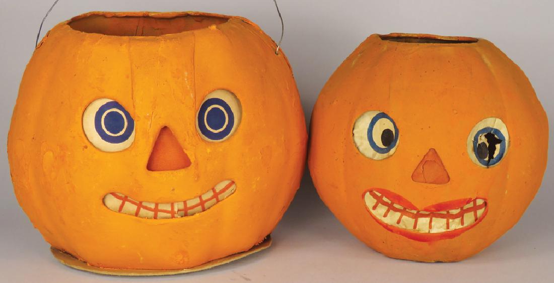 Jack O Lantern German Vintage Halloween Lanterns: Jack O Lantern German Vintage Halloween Lanterns, cardboard with flat bottoms. Small one missing bottom with tears in insert. 4 1/2 and 5 1/4 inches.