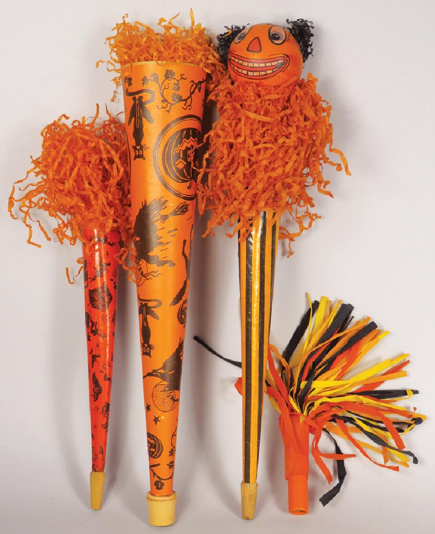 Collection of Vintage Halloween Cardboard Horns: Collection of Vintage Halloween Cardboard Horns. Trimmed in crepe paper, one with cardboard head, German 1920's. Very good overall condition. Tallest marked Marks Bros. Co. Boston, measures 15 inches.