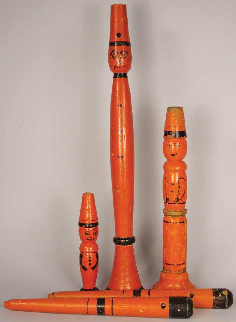 Collection of Vintage Wood Halloween Horns: Collection of Vintage Wood Halloween Horn/Noise Makers. Two middle sized horns marked Czechoslovakia. Tallest measures 13 1/2 inches.