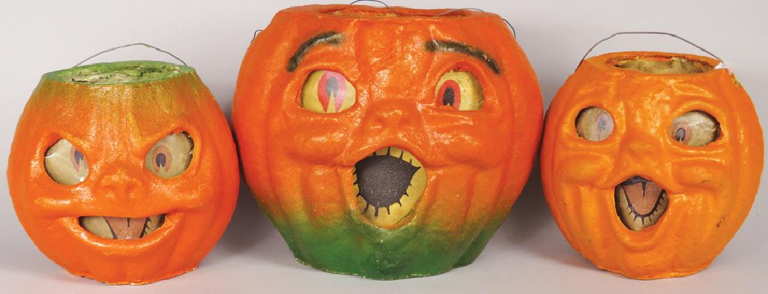 Collection of Vintage Pulp Paper Halloween Lanterns: Collection of Vintage Pulp Paper Halloween Lanterns. Smallest is two faced. All have original inserts with embossed ring bottom. Overall very good condition. Tallest measures 5 1/2 inches.