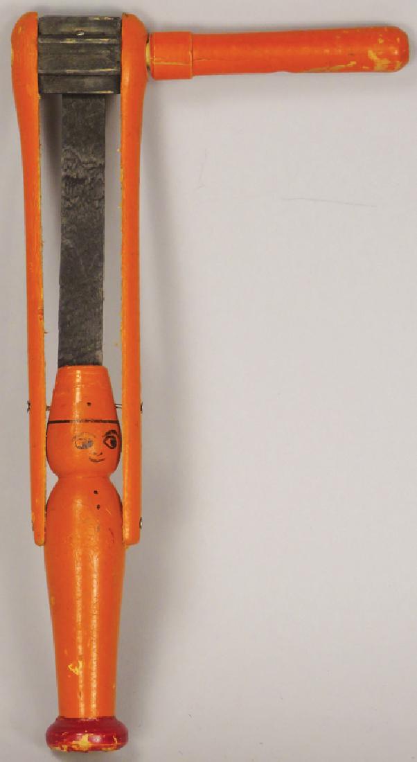 Two Vintage Halloween Wood Ratchet Noisemakers: Two Vintage Halloween Wood Ratchet Noisemakers. Cardboard cat head with crepe paper trim and wood doll body. Very good overall condition.