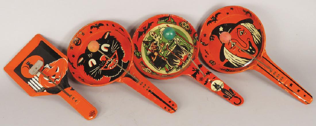 Collection of Vintage Halloween Tin Clangers: Collection of Vintage Halloween Tin Clangers, Noisemakers. Witch face marked "Life of the Party" Products, shovel style marked U.S. Metal Toy Mfg. Co. Very good overall condition. 7 to 8 inches long.