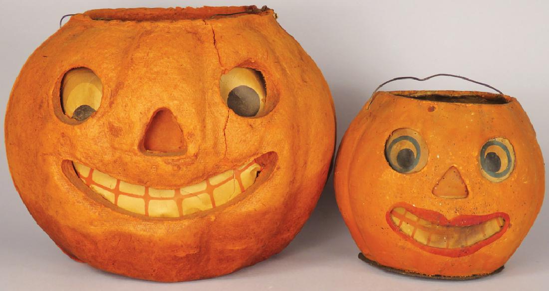 Jack O Lantern Vintage Halloween Lanterns: Jack O Lantern Vintage Halloween Lanterns. Large one made of molded pulp paper, original candle holder and bale. Small German cardboard with flat bottom. Both with original paper inserts. 3 1/2 and 5