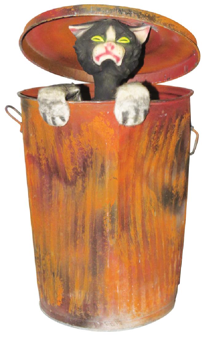 Halloween Automaton Black Cat in Garbage Can: Halloween Automaton Black Cat in Garbage Can. Very good working condition. Trash can closed measures 25 inches tall.