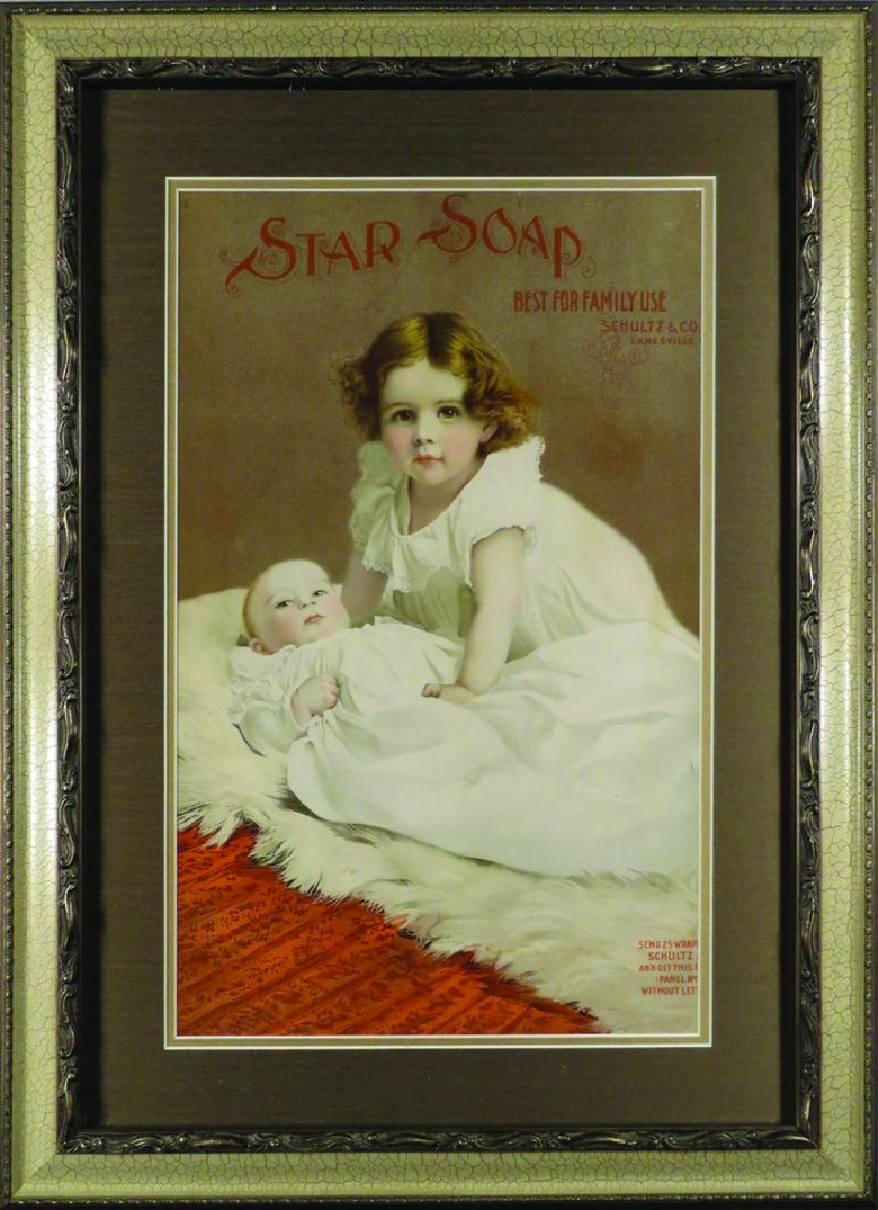 Star Soap Paper Sign: Star Soap Paper Sign. Schultz & Co. Zanesville, Ohio. Depicting little girl and infant. Professionally framed under glass. 13 X 21 inches image only.