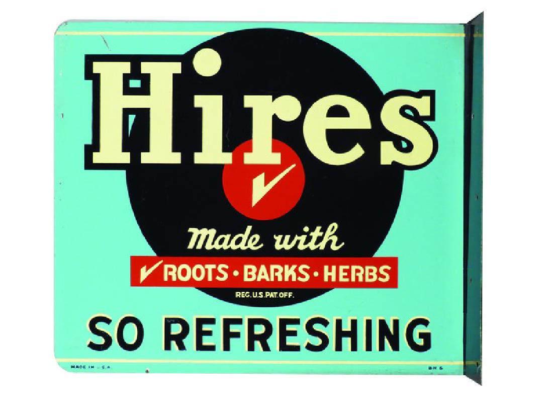 Hires Root Beer Porcelain Flange Sign: Hires Root Beer Porcelain Flange Sign, two sided. "So Refreshing". Very slight chips and scratch on one side. 14 X 12 inches.