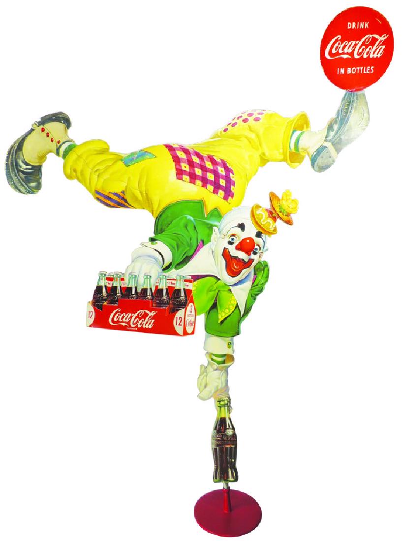 Rare Coca Cola Clown 12 Pack Die Cut Store Display: Rare Coca Cola Clown 12 Pack Die Cut Cardboard Store Display attention compeller. Spins on bottle. Very good overall condition. 48 1/2 X 55 inches.