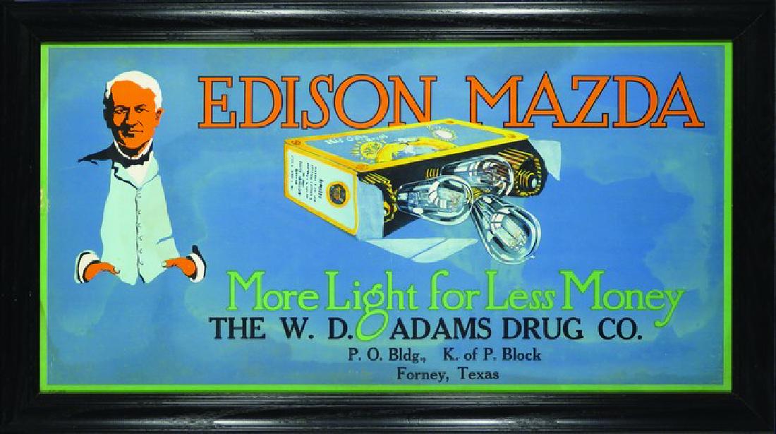 Edison Mazda Trolley Car Sign: Edison Mazda Trolley Car Sign. "More Light for Less Money". Forney, TX. Rub at 9:00 otherwise very good condition. Framed under glass. 20 1/2 X 11 inches image only.