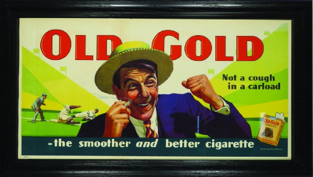 Old Gold Cigarettes Trolley Car Sign: Old Gold Cigarettes Trolley Car Sign. Baseball motif by artist Howard Scott. Very good condition, framed under glass. 20 X 10 1/2 inches image only.