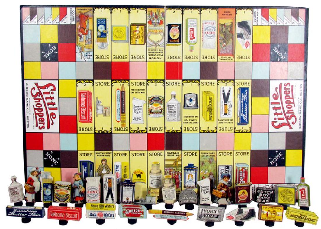 Little Shopper avertising board game: Little Shopper avertising board game. Gibson Game Co., Boston, MA. Patented 1915. Missing Barney and Berry Skates playing piece otherwise in Near Mint Contion. Board measures 14 X 20 inches