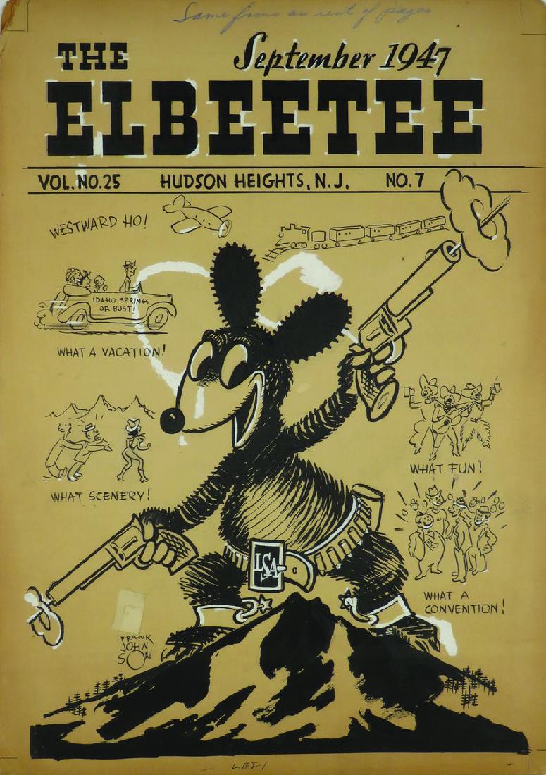 2 40's Cartoons "Inspired Loan Scouts of America": Two 1940's Cartoons "Inspired by the Loan Scouts of America". 1940 Cartoon by VAD inspired by Bob White. Depicting family arriving at Portage Hotel for the Elveetian Convention, rubber room in backgro