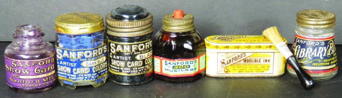 Collection of 6 Sanford's Inks Tin and Bottles: Collection of 6 Sanford's Inks Tin and Bottles. Tin for Indelible Ink. (5) bottles with original labels and paste brush.