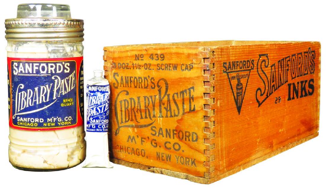 Sanford's Ink Library Paste Glass Jar: Sanford's Ink Library Paste Glass Jar in original shipping crate. Embossed glass jar and top with screw top lid has original paper label. No. 431 quart size. Comes with Sanford's tube of Library Paste