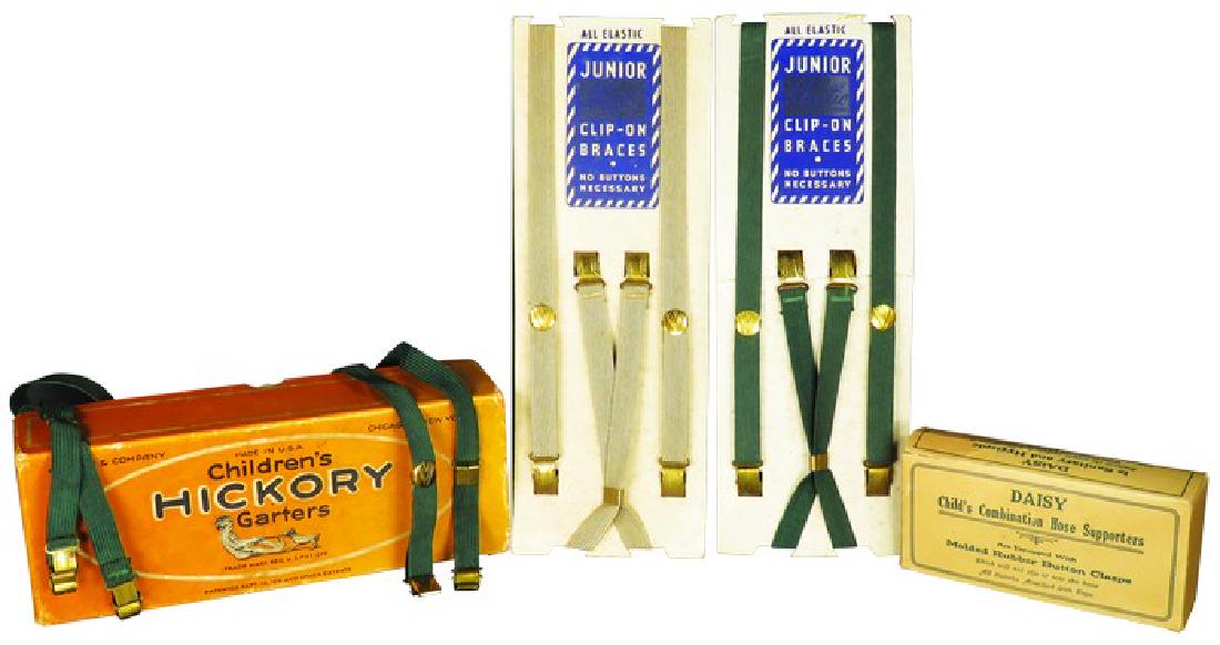 Collection of Children's Millinery Items: Collection of Children's Millinery Items. Children's Hickory Garters box, Daisy Combination Hose Supporters box and (3) Junior Clip-on brace two with original cards. Overall good condition. Hickory bo