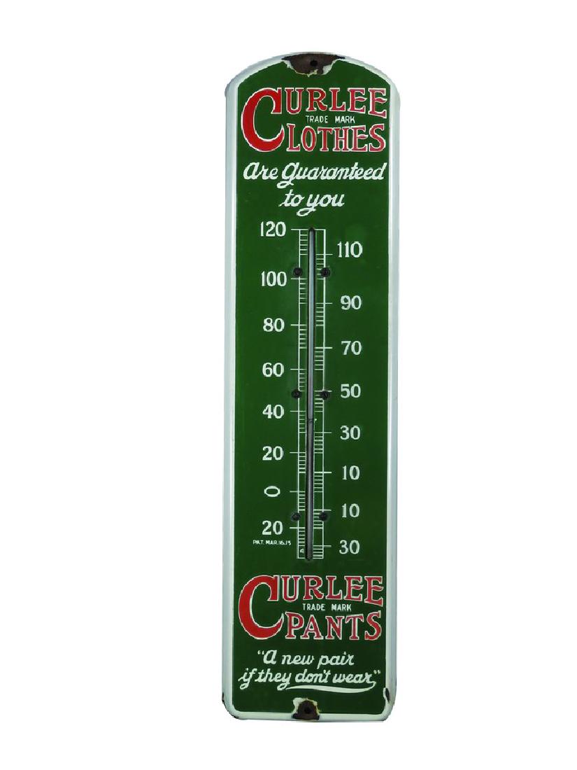 Curlee Clothes Porcelain Thermometer: Curlee Clothes Porcelain Thermometer. Some chips around mounting holes otherwise very good oondition. Approx. 7 X 27 inches.