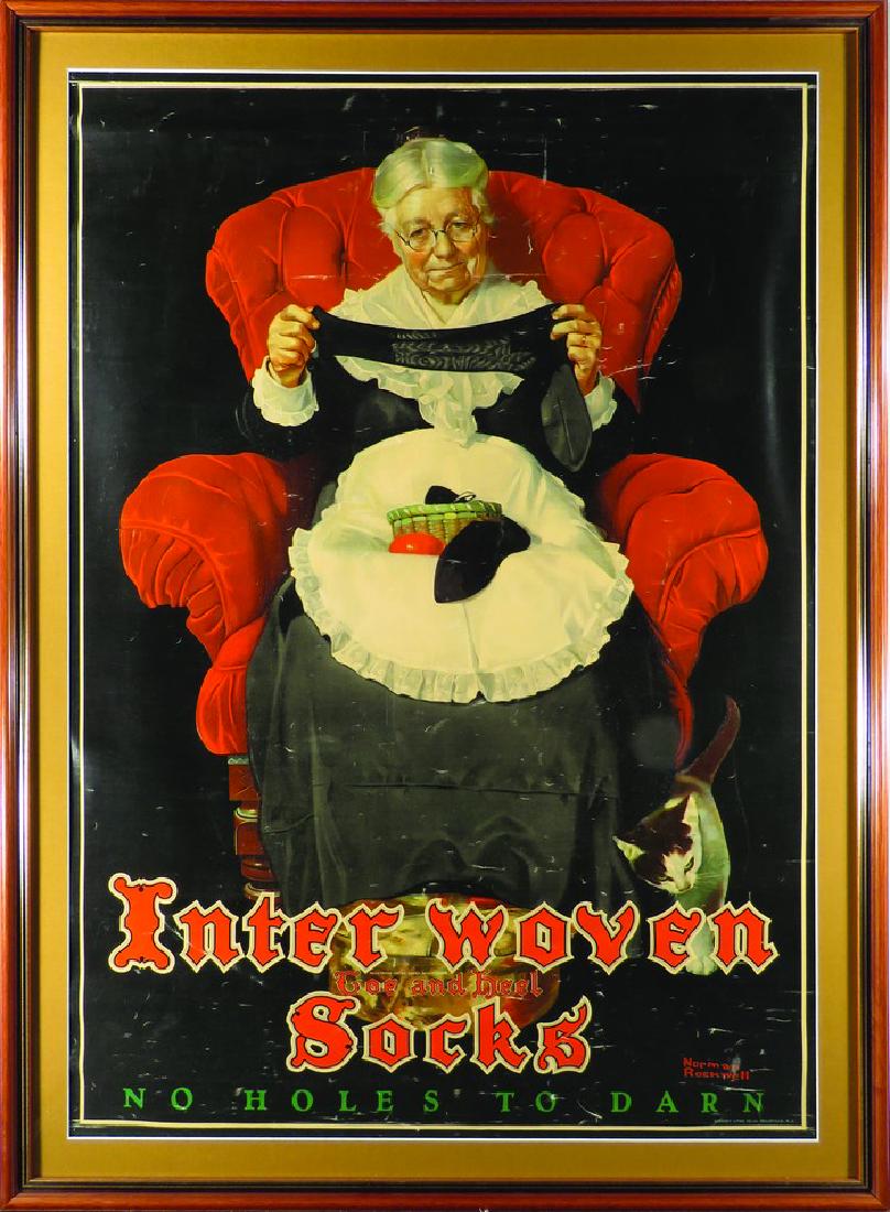 Interwoven Socks Paper Sign: Interwoven Socks Paper Sign. Beautiful Americana Image of Grandma trying to darn socks by artist Norman Rockwell. Crinkles and rubs in paper otherwise great color and graphics. Professionally framed u