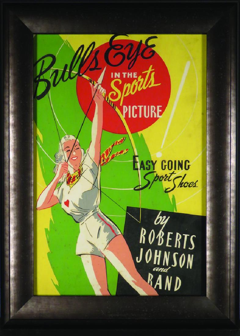 Bulls Eye in the Sports Picture Advertising Poster: Bulls Eye in the Sports Picture Advertising Poster. Easy going Sport Shoes by Robert Johnson and Band. Light staining, framed under glass. 11 1/2 X 17 1/2 inches.