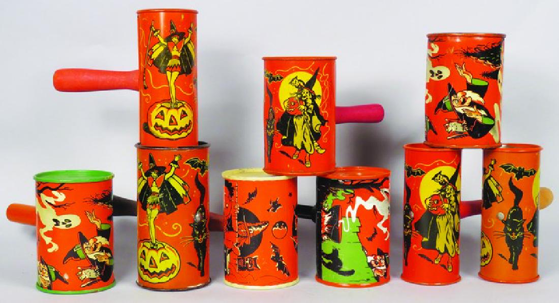Nine Vintage Tin Halloween Shaker Noise Makers: Nine Vintage Tin Litho Halloween Shaker Noise Makers. Good overall condition. Approx. 3 1/2 X 4 inches.