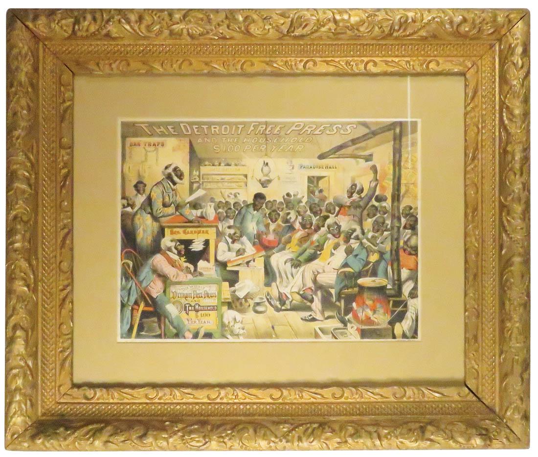The Detroit Free Press Advertising Lithograph: The Detroit Free Press and The Household Advertising Lithograph. H. Bencke Litho NY. Depicting detailed Black Americana graphics of Detroit Free Press News Room. 1883 Almanac in image. Framed in beaut