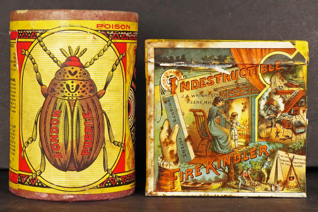London Purple Bug Poison Box and Fire Kindler Tin: London Purple Bug Poison Box and Fire Kindler Tin. London Purple Poison for the Potato Bug, 16 oz cardboard box. Indestructable Fire Kindler full tin, Keene, NH. Both have great graphics, very good co