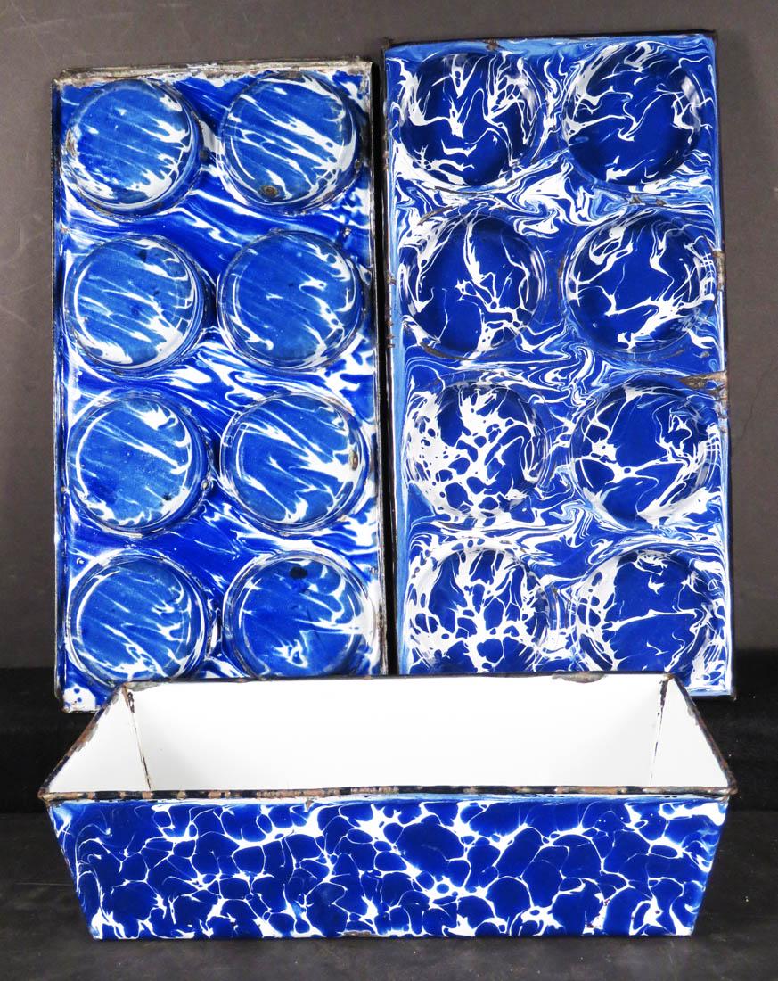 Miscellaneous Blue Graniteware: Miscellaneous Blue Graniteware. (2) Muffin pans and loaf pan. Loaf pan measures 5 X 10 inches. Good overall condition.