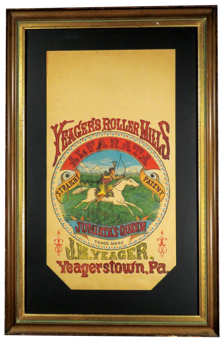 Yeager's Roller Mills Paper Alfalfa Sack: Yeager's Roller Mills Paper Alfalfa Sack. Yaegerstown, PA. Native America image. Framed under glass. Excellent condition. 13 X 24 inches, bag only.