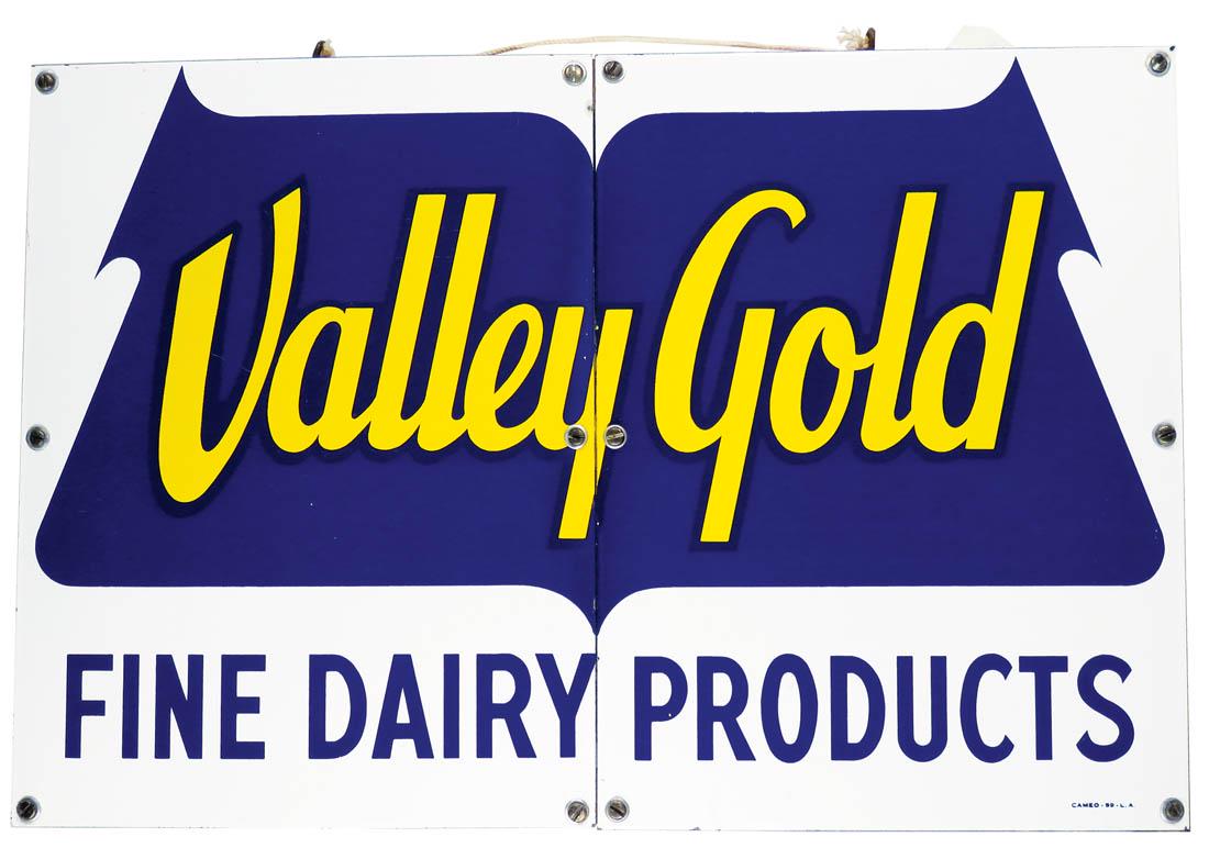 Valley Gold Fine Dairy Products Porcelain Sign: Valley Gold Fine Dairy Products Porcelain Sign. 2 piece sign bolted to wood frame. The sign was in two sections to mount on back of delivery van doors. Excellent condition. 24 X 16 inches overall.