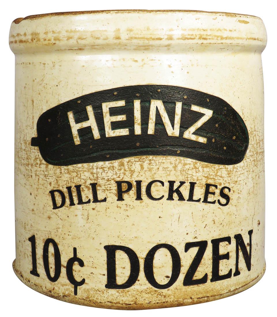 Heinz 2 Gallon Dill Pickle Embossed Store Crock: Heinz 2 Gallon Dill Pickle Embossed Store Crock. 10 Cent Dozen. Chip on lip otherwise good original condition.
