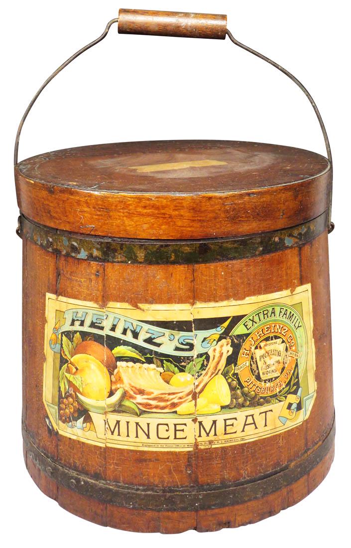 Heinz's Mince Meat Wood Pail: Heinz's Mince Meat Wood Pail. Original paper labels, metal bands and wood handle metal bale. Good original condition. 9 3/4 inches tall X 10 inch diameter.