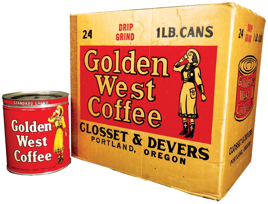 Golden West Coffee Cardboard Case and 3# Can: Golden West Coffee Cardboard Case and 3# Can. Glosset & Devers, Portland, Oregon original shipping box for 24-1 lb. cans. 3 lb. key wind can is in excellent condition.